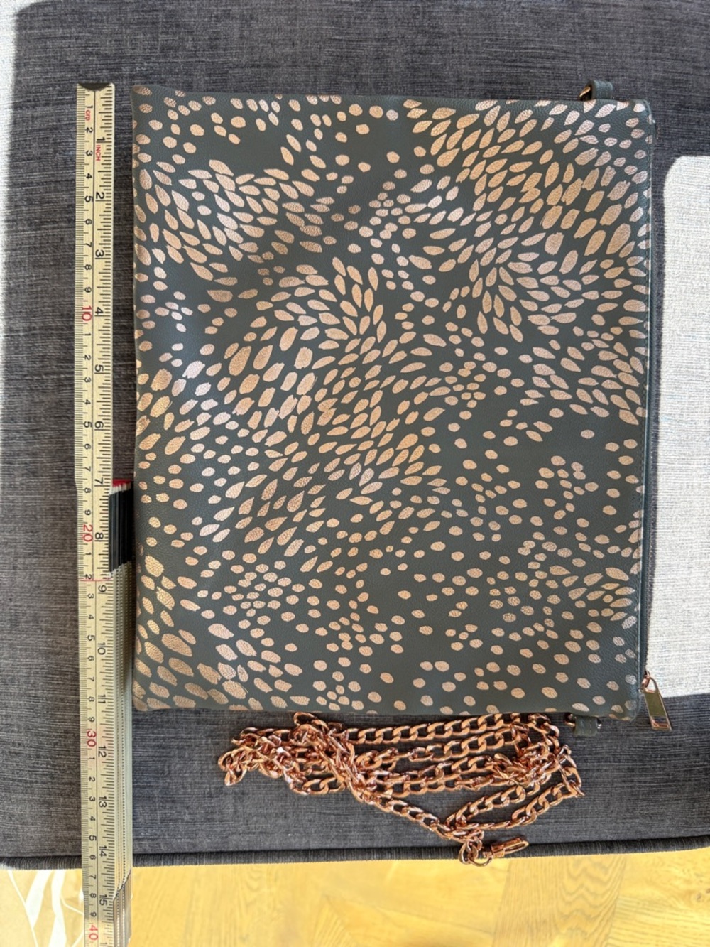 Erin Condren Grey Clutch with Rose Gold Leaf Motif and Chain Strap